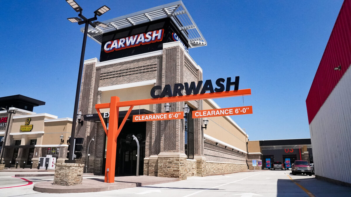 Spark Carwash storefront with orange archway entrance